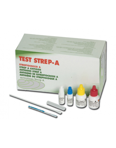 Test strep A, streptococco - striscia - la confezione include 25 strisce per test, 2 reagenti, 25 tubetti e tamponi.