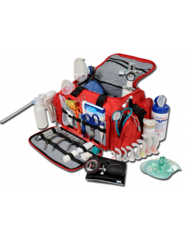 Kit pronto soccorso con borsa emergenza - poliestere 600D rosso completo di accessori - cm 35x45x21h