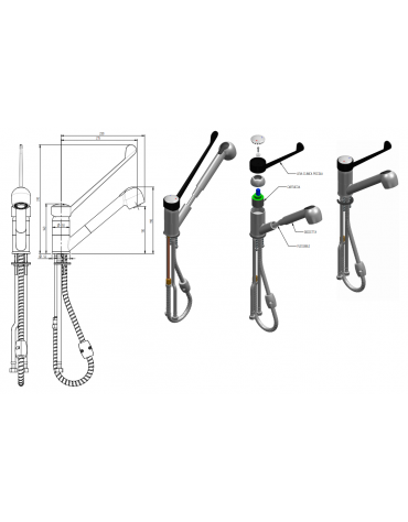 Monoforo miscelatore, con doccetta estraibile, leva clinica in plastica nera - mm 230x310h