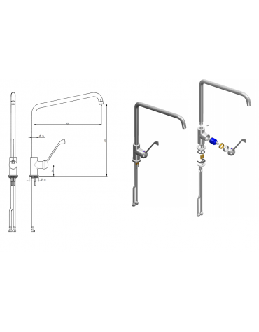 Monoforo a lavello con miscelatore leva lunga, canna Ø mm 24 a "C", leva clinica - mm 400x425h