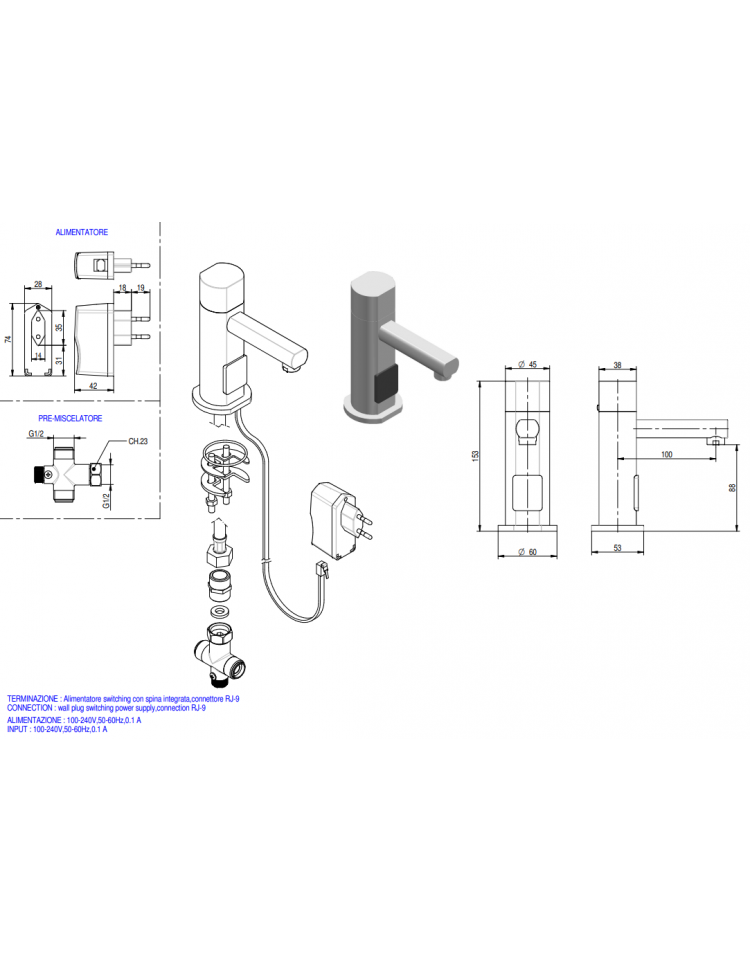 Rubinetto elettrico, alimentazione elettrica - Ø mm 45 - mm 100x153h 