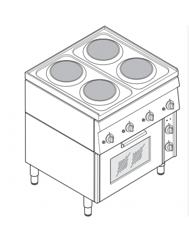 Piano di cottura elett. trifase-10.5kw, 4 piastre Ø 18, forno elettrico con camera cm 46x41,5x32h ventilato - cm 70x60x85h