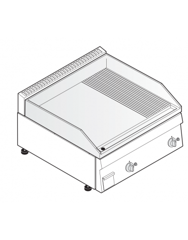 Fry top a gas da banco, 8 kw, piastra 1/3Rigata 2/3Liscia, cons. gas 0,84 m³/h - sup. di cottura cm 69,6x56,4  - dim. 70x60x30h