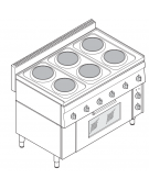 Cucina elettrica trifase-14,5 kw, 6 piastre Ø 18, forno elettrico ventilato con camera cm 62x41,5x32h - cm 105x65x85h