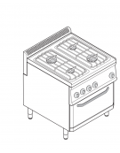 Piano di cottura a gas 4 fuochi, forno a gas GN 2/1, fuochi aperti 2x6+2x3,5n°xkW - cam. forno cm 57,5x65x30 - cm 70x70x85h