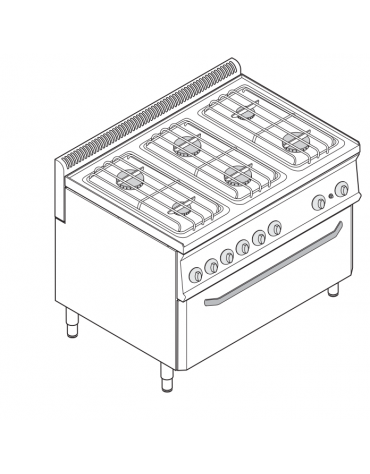 Cucina a gas 6 fuochi, forno elettrico GN 2/1, fuochi aperti 4x6 + 2x3,5 n°x kW - cam. forno cm 92,5x63x40 - cm 105x70x85h