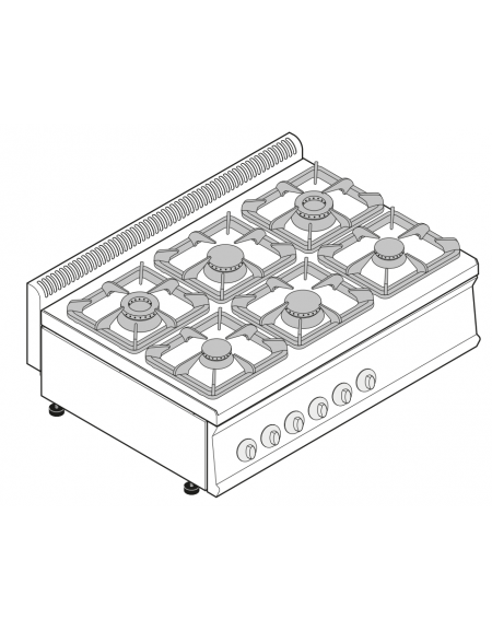 Cucina a gas 6 fuochi, potenza fuochi aperti 2x7,2kw+2x3,3kw+2x4,5kw - cm 105x70x28h