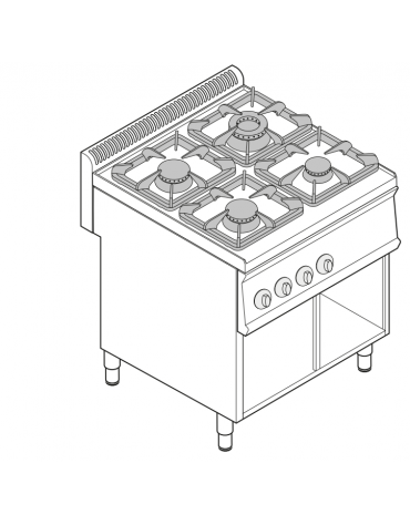 Cucina a gas 4 fuochi su vano aperto, potenza fuochi aperti 1x7,2kw+1x3,3kw+2x4,5kw - cm 70x70x85h