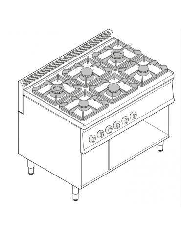 Cucina a gas 6 fuochi su vano aperto, potenza fuochi aperti 2x7,2kw+2x3,3kw+2x4,5kw - cm 105x70x85h