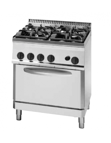 Cucina a gas 4 fuochi, forno a gas statico GN 2/1, fuochi aperti 1x7,2kw+1x3,3kw+2x4,5kw - cam. forno cm 57,5x65x30 - cm 70x70x8