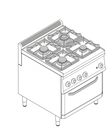 Cucina a gas 4 fuochi, forno a gas statico GN 2/1, fuochi aperti 1x7,2kw+1x3,3kw+2x4,5kw - cam. forno cm 57,5x65x30 - cm 70x70x8