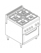 Cucina a gas 4 fuochi, forno elettr. GN 2/1, fuochi aperti 1x7,2+1x3,3+2x4,5 n°xkW - cam. forno cm 57,5x65x30 - cm 70x70x85h