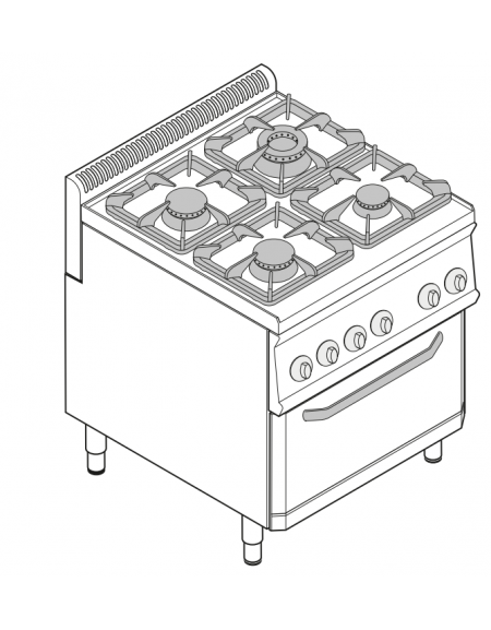 Cucina a gas 4 fuochi, forno elettr. GN 2/1, fuochi aperti 1x7,2+1x3,3+2x4,5 n°xkW - cam. forno cm 57,5x65x30 - cm 70x70x85h