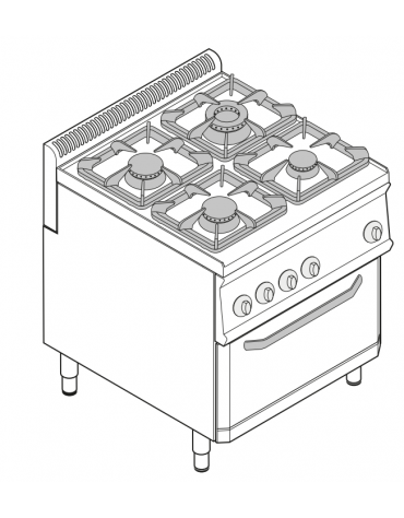 Cucina a gas 4 fuochi, forno elettr. GN 1/1, fuochi aperti 1x7,2+1x3,3+2x4,5 n°xkW - cam. forno cm 57,5x51,5x30 - cm 70x70x85h