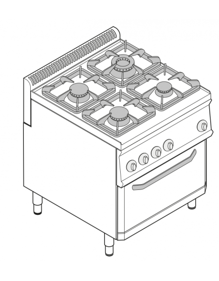 Cucina a gas 4 fuochi, forno elettrico convezione GN 1/1, fuochi aperti  1x7,2kw+1x3,3kw+2x4,5kw - cm 70x70x85h 