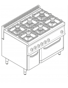 Cucina a gas 6 fuochi, forno elettr. GN 2/1, fuochi aperti 2x7,2+2x3,3+2x4,5 n°x kw - cam. forno cm 57,5x65x30 - cm 105x70x85h