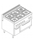 Cucina a gas 6 fuochi, forno elettrico GN 2/1, fuochi aperti 2x7,2+2x3,3+2x4,5 n°xkw - cam. forno cm 57,5x65x30 - cm 105x70x85h