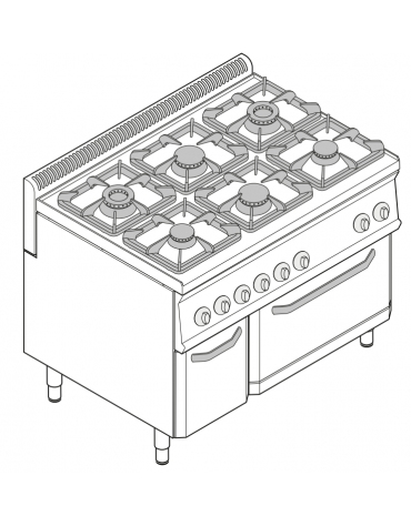 Cucina a gas 6 fuochi, forno elettrico GN 2/1, fuochi aperti 2x7,2+2x3,3+2x4,5 n°xkw - cam. forno cm 57,5x65x30 - cm 105x70x85h