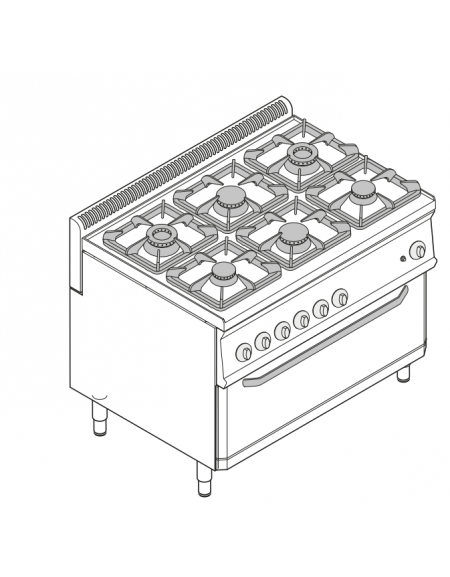 Cucina a gas 6 fuochi, forno a gas statico, fuochi aperti 2x7,2+2x3,3+2x4,5 n°xkw - cam. forno cm 92,5x63x30 - cm 105x70x85h