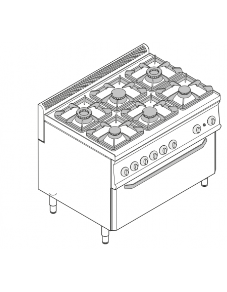 Cucina a gas 6 fuochi, forno elettr. trifase, fuochi aperti 2x7,2kw+2x3,3kw+2x4,5kw - cam. forno cm 92,5x63x30 - cm 105x70x85