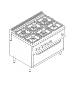 Cucina a gas 6 fuochi, forno elettr. trifase, fuochi aperti 2x7,2+2x3,3+2x4,5 n°xkw - cam. forno cm 92,5x51,5x30 - cm 105x70x85h