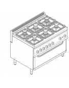 Cucina a gas 6 fuochi, forno a gas monofase, fuochi aperti 2x7,2+2x3,3+2x4,5 n°xkw - cam. forno cm 92,5x63x40 - cm 105x70x85h