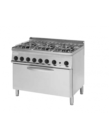 Cucina a gas 6 fuochi, forno elettrico GN 2/1, fuochi aperti 4x6 + 2x3,5 n°x kW - cam. forno cm 92,5x63x40 - cm 105x70x85h