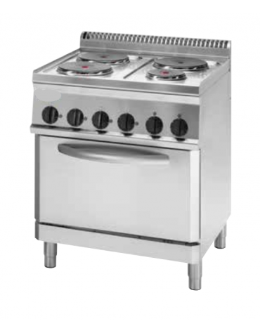 Cucina elettrica trifase-14kw, 4 piastre 3xØ22+1xØ15, su forno elettrico GN1/1 con camera cm 57x65x30 -cm 70x70x85h