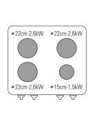 Cucina elettrica trifase-14kw, 4 piastre 3xØ22+1xØ15, su forno elettrico GN1/1 con camera cm 57x65x30 -cm 70x70x85h