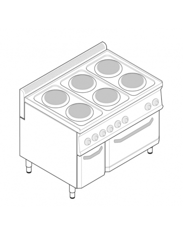 Cucina elettrica trifase-20,3kw, 6 piastre Ø22, su forno elettrico GN2/1 con camera cm 57x65x30 -cm 105x70x85h