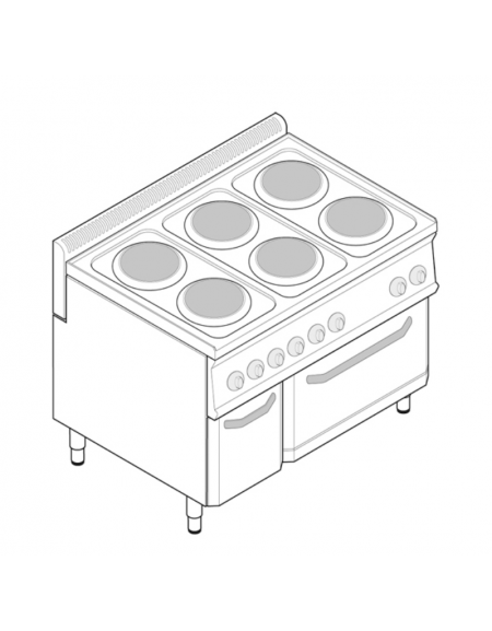 Cucina elettrica trifase-20,3kw, 6 piastre Ø22, su forno elettrico GN2/1 con camera cm 57x65x30 -cm 105x70x85h