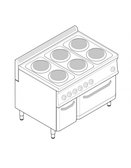 Cucina elettrica trifase-20,6kw, 6 piastre Ø22, su forno elettrico ventilato con camera cm 57x51,5x30 -cm 105x70x85h