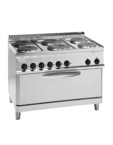 Cucina elettrica trifase-21,9kw, 6 piastre Ø22, su forno elettrico con camera cm 92,5x63x30 -cm 105x70x85h