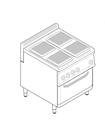 Cucina elettrica trifase-15,4kw, 4 piastre cm 22x22, su forno elettrico ventilato, con camera cm 57x51,5x30 -cm 70x70x85h