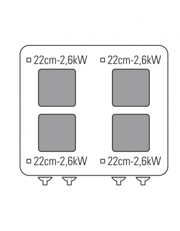 Cucina elettrica trifase-15,4kw, 4 piastre cm 22x22, su forno elettrico ventilato, con camera cm 57x51,5x30 -cm 70x70x85h