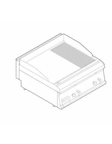 Fry top a gas da banco, 14 kw, piastra 1/3Rigata 2/3Liscia, cons. gas 1,48 m³/h - sup. di cottura cm 69,6x56,4  - dim. 70x70x28h