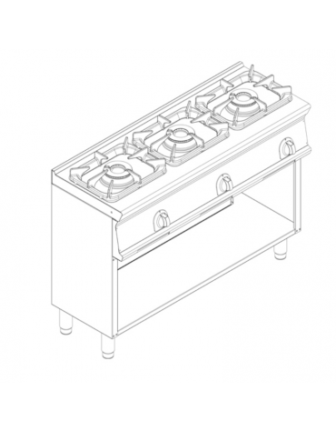 Cucina a gas 3 fuochi su vano aperto, potenza fuochi aperti 1x4,5kw+2x7,2kw griglie in ghisa - cm 120x45x90h