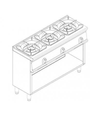 Cucina a gas 3 fuochi su vano aperto, potenza fuoco aperto 1X5,5kw+2X9kw - cm 120x45x90h