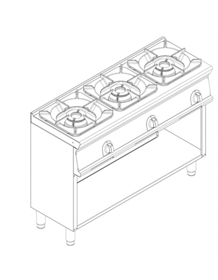 Cucina a gas 3 fuochi su vano aperto, potenza fuoco aperto 1X5,5kw+2X9kw - cm 120x45x90h