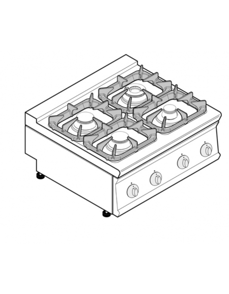 Cucina a gas 4 fuochi da banco, potenza fuochi 1x3,3kw+2x4,5kw+1x7,2kw - cm 80x70x28h