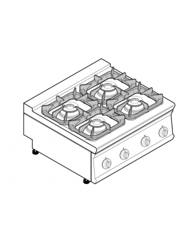 Cucina a gas da banco 4 fuochi super, potenza fuochi aperti 4x7,2kw - griglie in ghisa - cm 80x70x28h