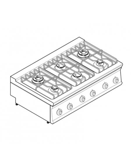 Cucina a gas 6 fuochi da banco, potenza fuochi 2x7,2kw+2x3,3kw+2x4,5kw - griglie inox - cm 120x70x28h