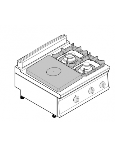 Cucina gas 2 fuochi + tuttapiastra cm 30,9x55,4, potenza fuochi aperti 1x3,3kw + 1x7,2kw - griglia in ghisa - cm 80x70x28h