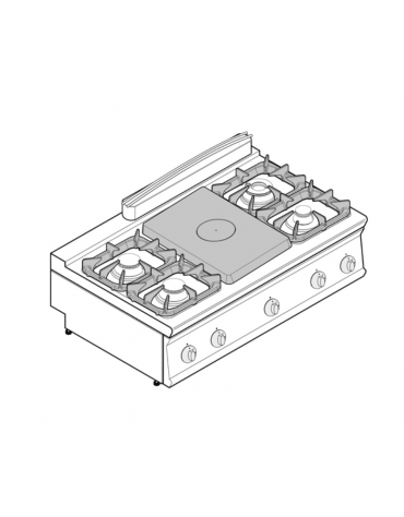 Cucina a gas 4 fuochi + tuttapiastra cm 30,9x55,4, potenza fuochi aperti 1x7,2kw+1x3,3kw+2x4,5kw - griglie in ghisa - cm 120x70x