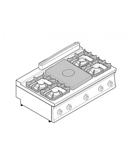 Cucina a gas 4 fuochi + tuttapiastra cm 30,9x55,4, potenza fuochi aperti 1x7,2kw+1x3,3kw+2x4,5kw - griglie in ghisa - cm 120x70x