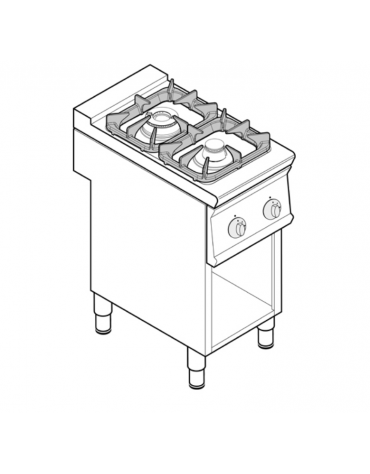 Cucina a gas 2 fuochi su vano aperto, potenza fuochi aperti 1X3,3kw + 1X7,2kw - griglia in ghisa - cm 40x70x90h