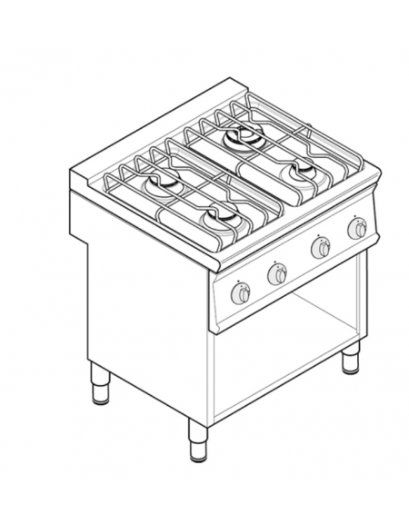 Cucina a gas 4 fuochi su vano aperto, potenza fuochi aperti 1x3,3kw+2x4,5kw+1x7,2kw -griglie inox - cm 80x70x90h