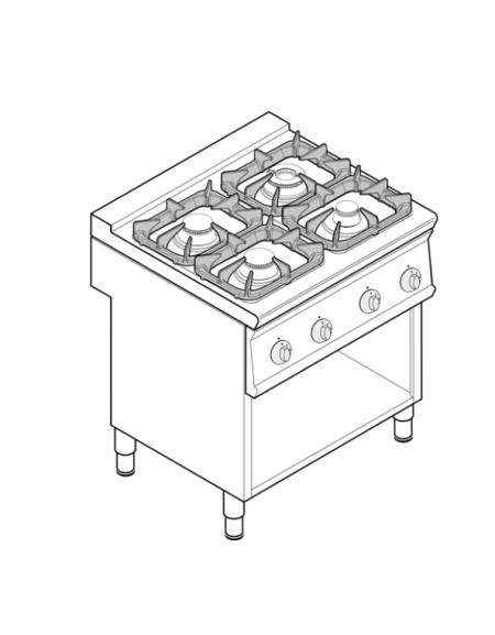 Cucina a gas 4 fuochi su vano aperto, potenza fuochi aperti 1x3,3kw+2x4,5kw+1x7,2kw - griglie in ghisa - cm 80x70x90h