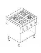 Cucina a gas 4 fuochi su vano aperto, potenza fuochi aperti 4x7,2kw - griglie inox - cm 80x70x90h