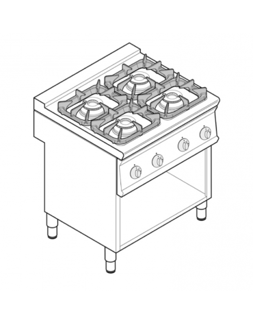 Cucina a gas 4 fuochi su vano aperto, potenza fuochi aperti 4x7,2kw - griglie in ghisa - cm 80x70x90h